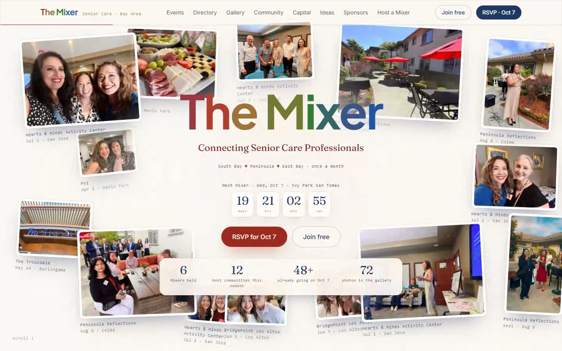 The Mixer homepage, photos of senior-care professionals fanned across the screen