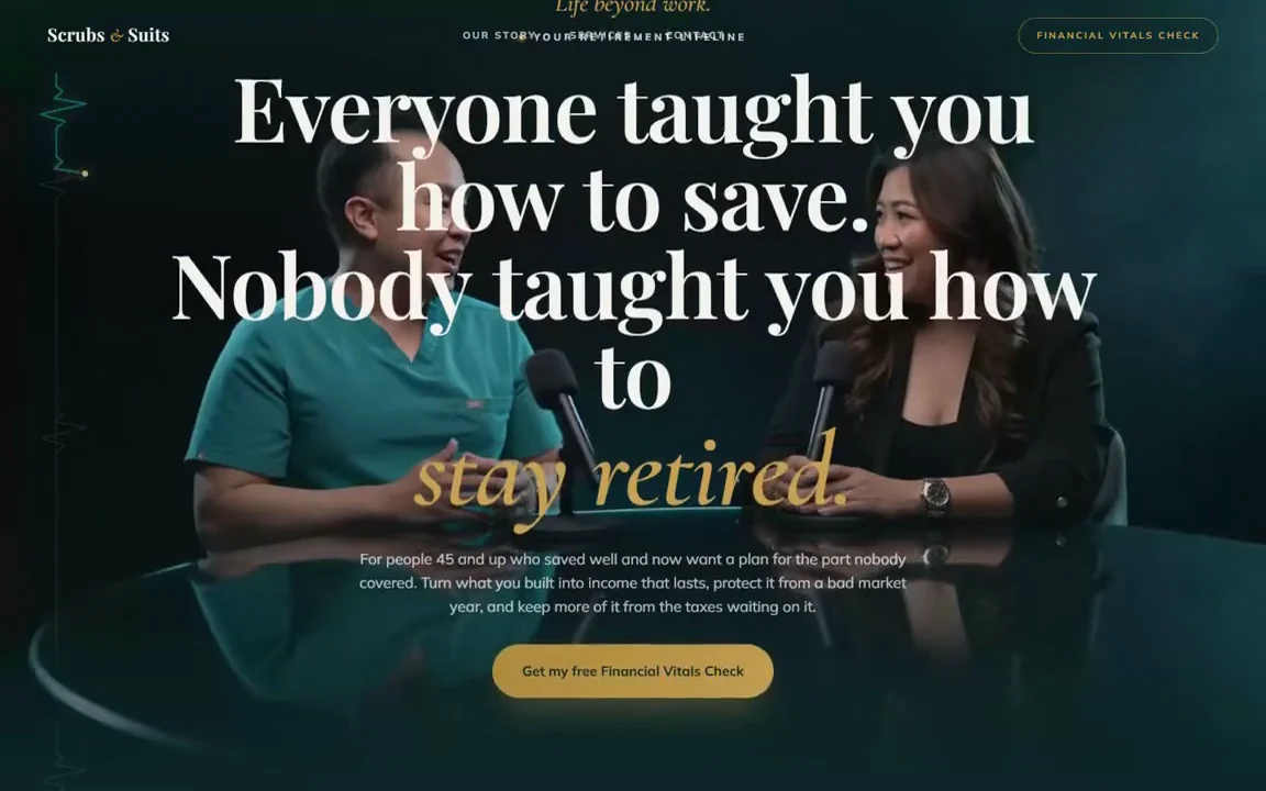 Scrubs and Suits homepage, a retirement planning practice